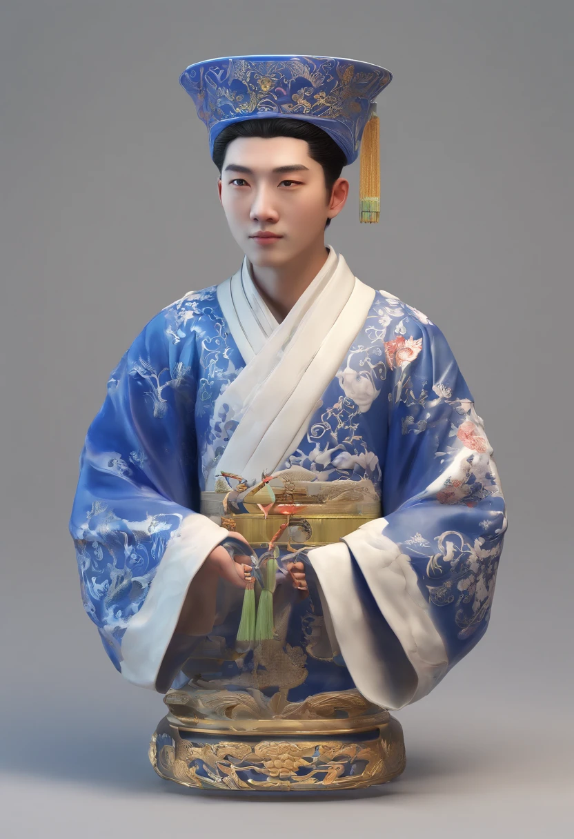 Blue and white porcelain in the British Museum,tmasterpiece,超高分辨率,(真实感:1.4),RAW photogr,Bust photo,1boys,deep shading,low tune,cold light,Incredibly handsome,the detail,18yr old,Emotionally rich,The face is clear,Chinese outfit