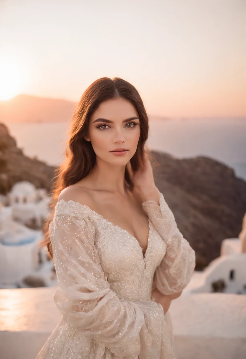 A poised and alluring woman with captivating blue eyes, resembling the ultra-realistic Sophie Mudd. She wears natural makeup, exudes a sexy charm in a short dress, and poses in Greece setting with a prominent bust.