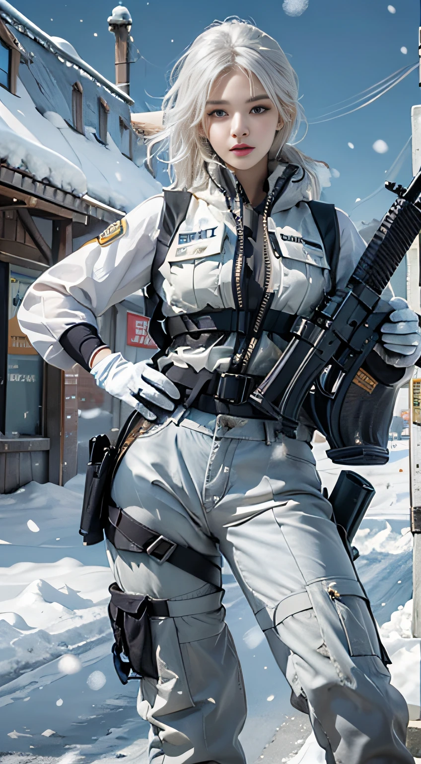 Photorealistic, high resolution, 1womanl, Solo, Hips up, Snow background,view the viewer, (Detailed face), White hair, SWAT vests, Gun, jewelry, Girl aiming with AK-47 assault rifle