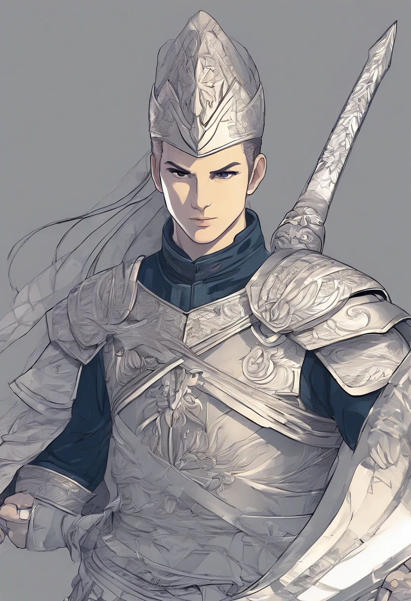 character bust of a swordsman, hand drawn cartoon illustration, Solid and vivid background, Fine, detailed scale, Soft lighting, game character, upper body, Created by Lois Van Barl and Reusch and Ross Tran and Ross Drås and Sam Yang and Sam Ess Arts and Altgerm, Best Quality, masutepiece