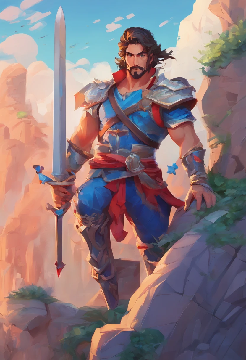 character bust of a swordsman, hand drawn cartoon illustration, Solid and vivid background, Fine, detailed scale, Soft lighting, game character, upper body, Created by Lois Van Barl and Reusch and Ross Tran and Ross Drås and Sam Yang and Sam Ess Arts and Altgerm, Best Quality, masutepiece