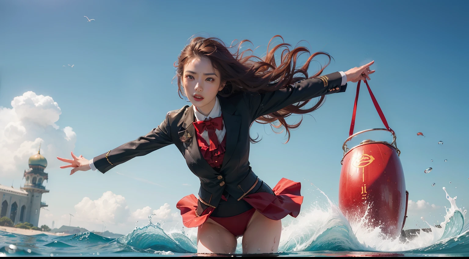 (realisitic,Photorealsitic:1.4),(1 Beauty:1.3),(beautiful countenance:1.5),Detailed shiny skin,A detailed eye,Precise hands and fingers,8K HDR, , ​masterpiece, (Dynamic angle footage),电影灯光, Finely drawn backgrounds,(Southland,the beach,Colorful swimsuit,jetty,splash water,Drenched girl),Beautiful Chinese,tailcoat,red brown hair,Curly hair,Dubai,flower  field,Keep running,lean body,