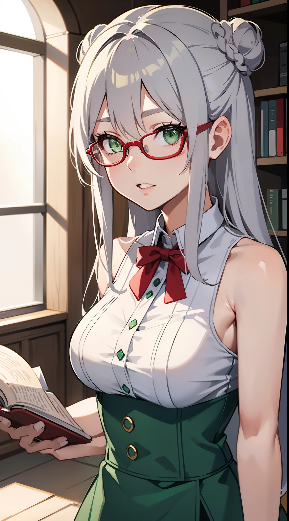 young girl, Gray hair in one bun, Green eyes, red glasses, Green Science Dress, White Elements, Sleeveless, open breasts, book, Masterpiece, hiquality, high detail, HD, 4k