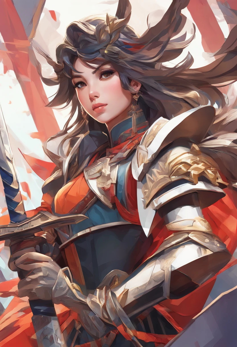 character bust of a swordsman, hand drawn cartoon illustration, Solid and vivid background, Fine, detailed scale, Soft lighting, game character, upper body, Created by Lois Van Barl and Reusch and Ross Tran and Ross Drås and Sam Yang and Sam Ess Arts and Altgerm, Best Quality, masutepiece