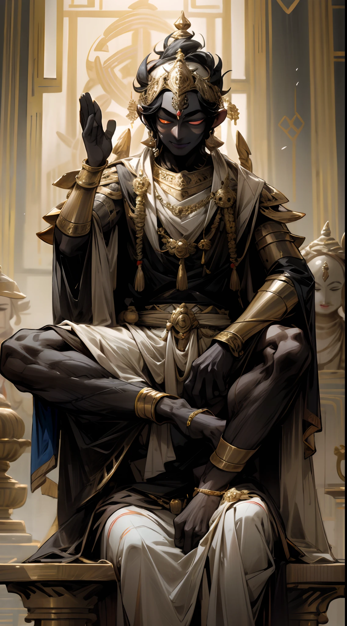 Hindu lord vishnu talking with ancient Indian king near golden home