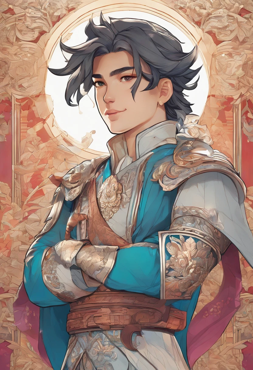 character bust of a swordsman, hand drawn cartoon illustration, Solid and vivid background, Fine, detailed scale, Soft lighting, game character, upper body, Created by Lois Van Barl and Reusch and Ross Tran and Ross Drås and Sam Yang and Sam Ess Arts and Altgerm, Best Quality, masutepiece