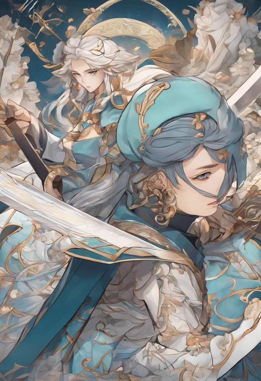 character bust of a swordsman, hand drawn cartoon illustration, Solid and vivid background, Fine, detailed scale, Soft lighting, game character, upper body, Created by Lois Van Barl and Reusch and Ross Tran and Ross Drås and Sam Yang and Sam Ess Arts and Altgerm, Best Quality, masutepiece