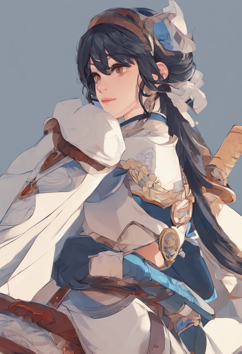 character bust of a swordsman, hand drawn cartoon illustration, Solid and vivid background, Fine, detailed scale, Soft lighting, game character, upper body, Created by Lois Van Barl and Reusch and Ross Tran and Ross Drås and Sam Yang and Sam Ess Arts and Altgerm, Best Quality, masutepiece