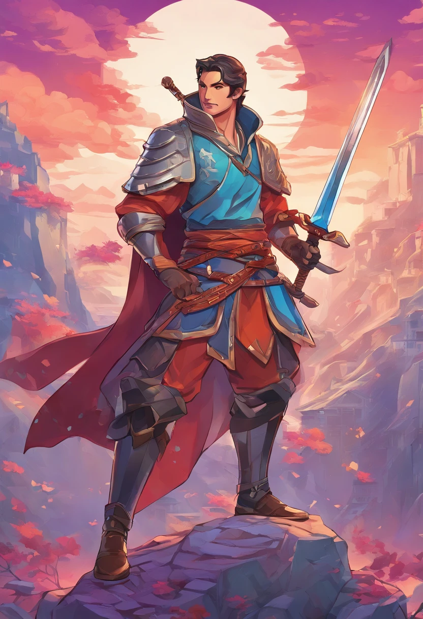 character bust of a swordsman, hand drawn cartoon illustration, Solid and vivid background, Fine, detailed scale, Soft lighting, game character, upper body, Created by Lois Van Barl and Reusch and Ross Tran and Ross Drås and Sam Yang and Sam Ess Arts and Altgerm, Best Quality, masutepiece