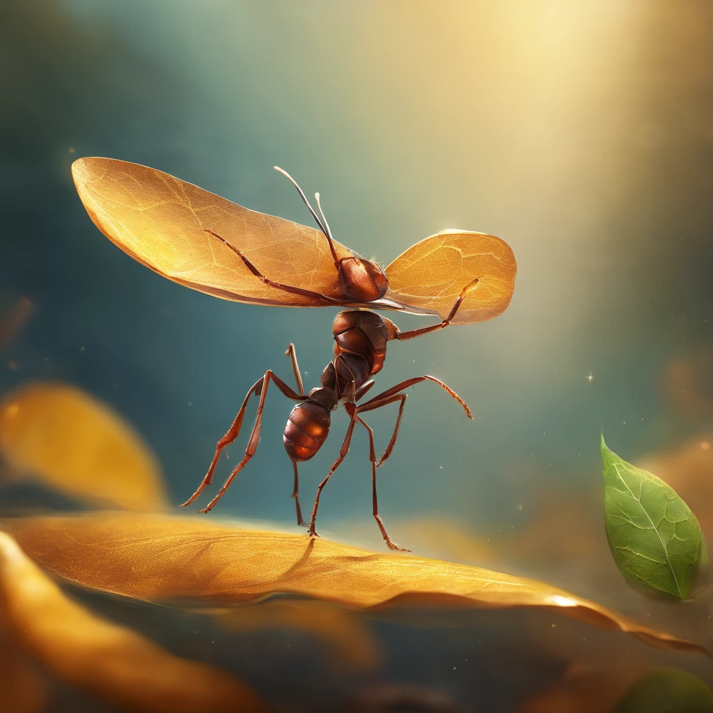 an ant standing on a piece of a golden leaf floating in the air