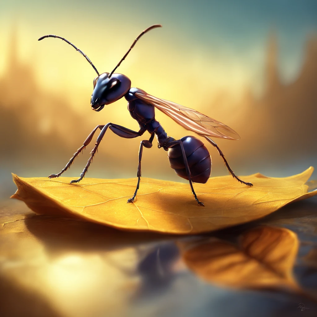 an ant standing on a piece of a golden leaf floating in the air