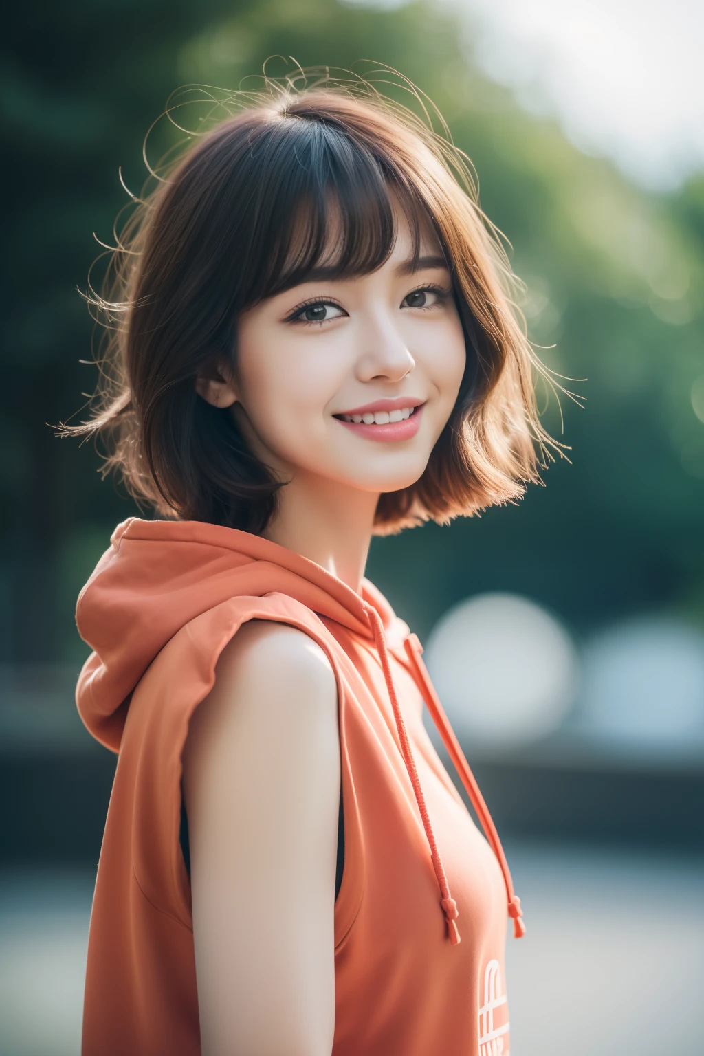 NSFW, (8k RAW photo, Best Quality), ((masutepiece)), 超A high resolution, Film grain, filmg,( 20yr old, Slender face, 1girl in, slanted eye, eyesight, long eyelashes, Eye Highlights), Looking at Viewer, Natural Skin Texture, A perfectly proportioned face, realistic eyes and face details, Full lips, lip stick, (makeup), Red eyeshadow, Perm Hair, Fluffy short hair, hair messy, Smile, closes mouth, Beautiful legs, Tall lady, skinny, slim_Legs, Solo, huge-breasted, Ass,(Natural places), (Detailed background), ((Food Hoodie)), huge-breasted, Blurry background, Blurry, Short sleeves, Brown hair, Bangs, a necklace, Parted lips, Lips, From Side, depth of fields