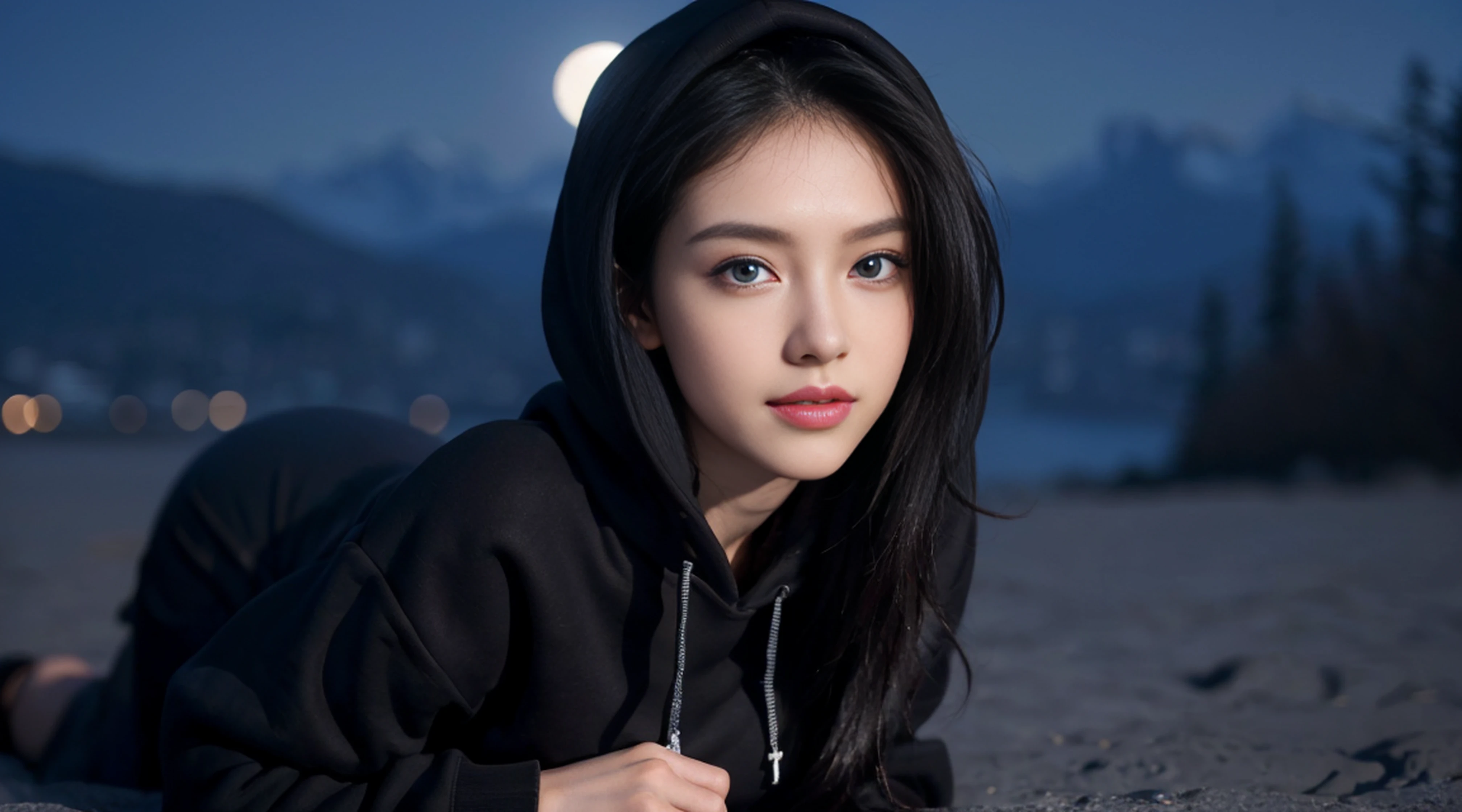 8K, Top Quality, Intricate Details, Ultra Detail, Ultra High Resolution, Masterpiece, random angle,  Slender, Smile, (Makeup: 0.4), (Fluffy Blue Eyes: 1.21), blue Eyes, looking back, ((full body)), 1girl, solo, 1 girl, (( full body)), Extreme close-up shot, kneeling , ((tall)), (((fit body))), (((slim face))), sharp face, sharp eyes, (((black hair, long hair, ))  (detailed face), sharp face, small lips, 
 ((hoodie)),  detailed face, detailed breast, , large breast, detail ass, round ass , Beautiful girl with accentuated slender abs: 1.4, Six Pack Abs: 1.4, Bust Botox, Big, Perfect Body, detail leg, (( moonlight)), top of mountain