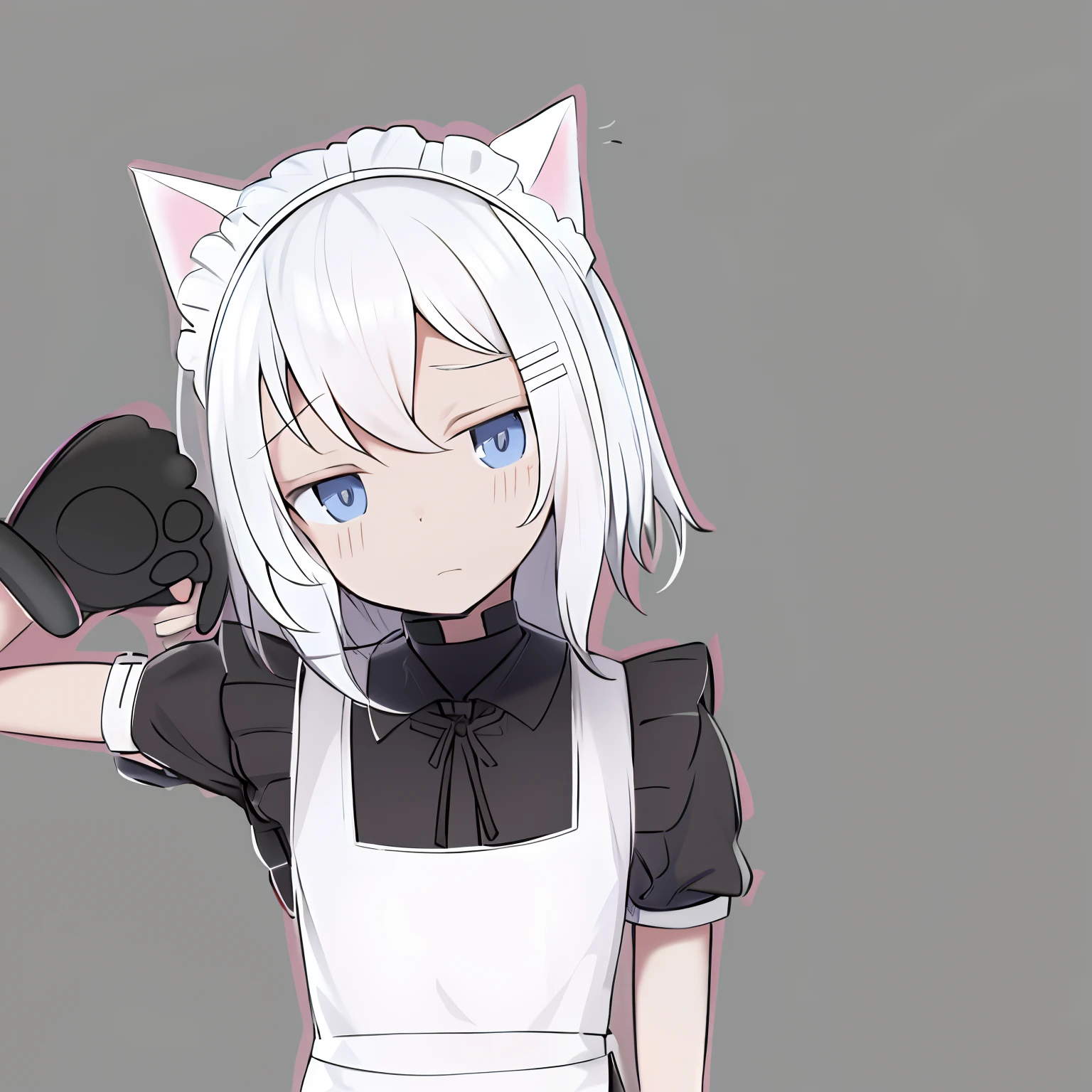 anime girl with cat ears holding a cat toy, clean anime outlines, clean lineart, anime cat girl in a maid costume, anime cat girl dress a black and white clothe, lineart, perfect lineart, simple lineart, outline sketch, anime girl with cat ears, line art!!, girl with cat ears,white hair, blue eyes,white hair band,white hair ribbon, variable lineart,unhappy expression,white hair band, White hairpin, cute face , outlined!!!