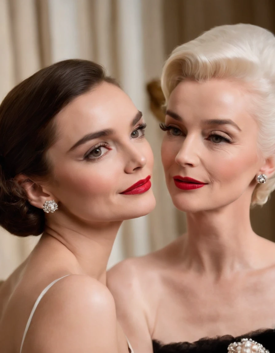 up close photo ，mulher loira parecida com a AUDREY HEPBURN e a marilyn monroe ultra realista Bijoux de Charme