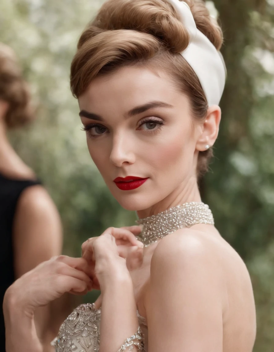 up close photo ,mulher loira parecida com a AUDREY HEPBURN e a marilyn monroe ultra realista Bijoux de Charme