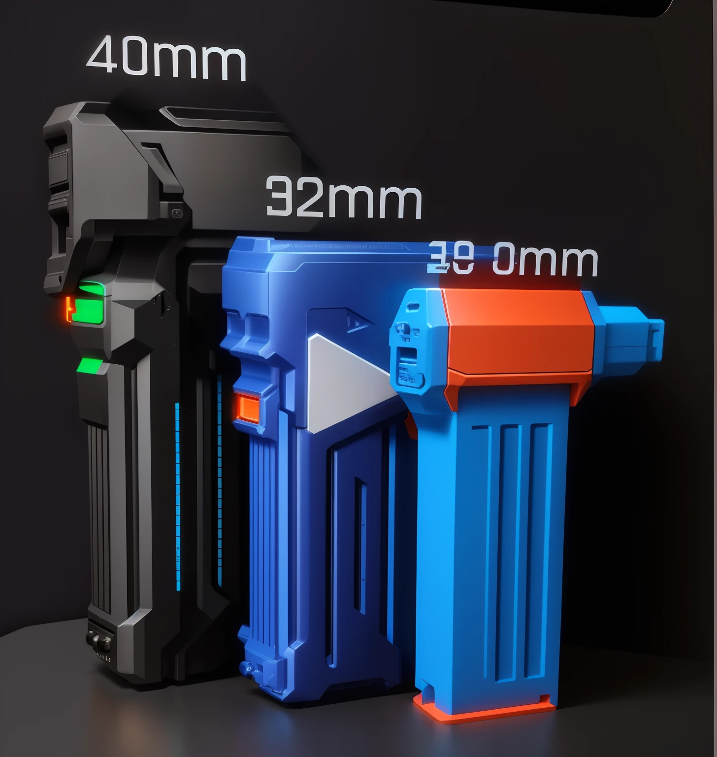 Close-up of a plastic gun with a plastic case, 4 8 0 p, 480p, 9 0 mm, 90mm, 40mp, 4 0 mp, 2023 4K, product introduction photos, 1 2 0 mm, 120mm, coilgun, 100mm, 1080p，cyber punk perssonage