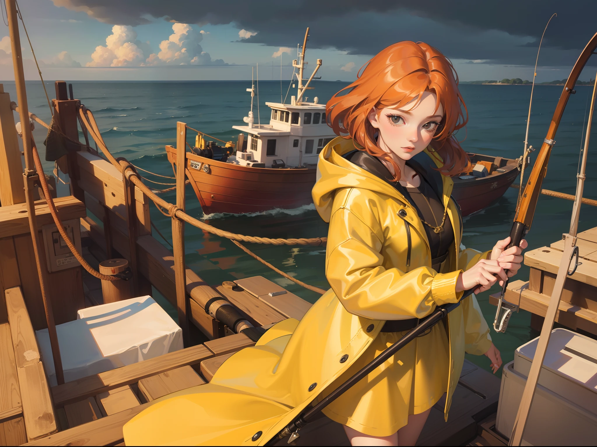 (masterpiece:1.2), best quality, photo of beautiful female fisherman, gingerhair, 40yo, wearing yellow raincoat, (on fishing boat:1.3), dark clouds, Photorealistic, Hyperrealistic, Hyperdetailed, analog style, hip cocked, demure, low cut, detailed skin, matte skin, soft lighting, subsurface scattering, realistic, heavy shadow, masterpiece, best quality, ultra realistic, 8k, golden ratio, Intricate, High Detail, film photography, soft focus