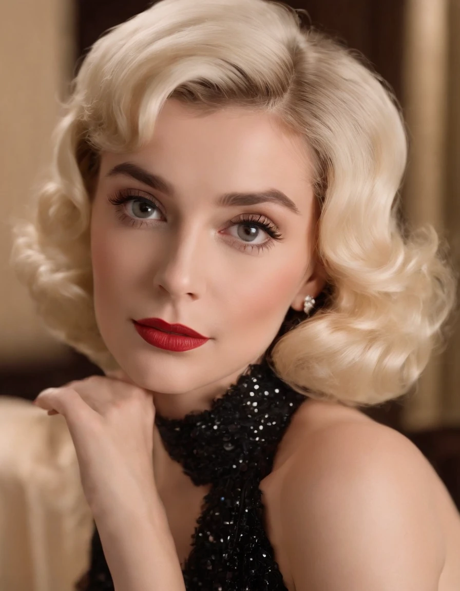 up close photo of 1girl,30 years old ,mulher loira parecida com a AUDREY HEPBURN e a marilyn monroe ultra realista Bijoux de Charme