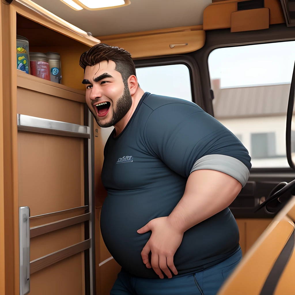 1 homem obeso (inside a truck) funny appearance (expression of well-being)