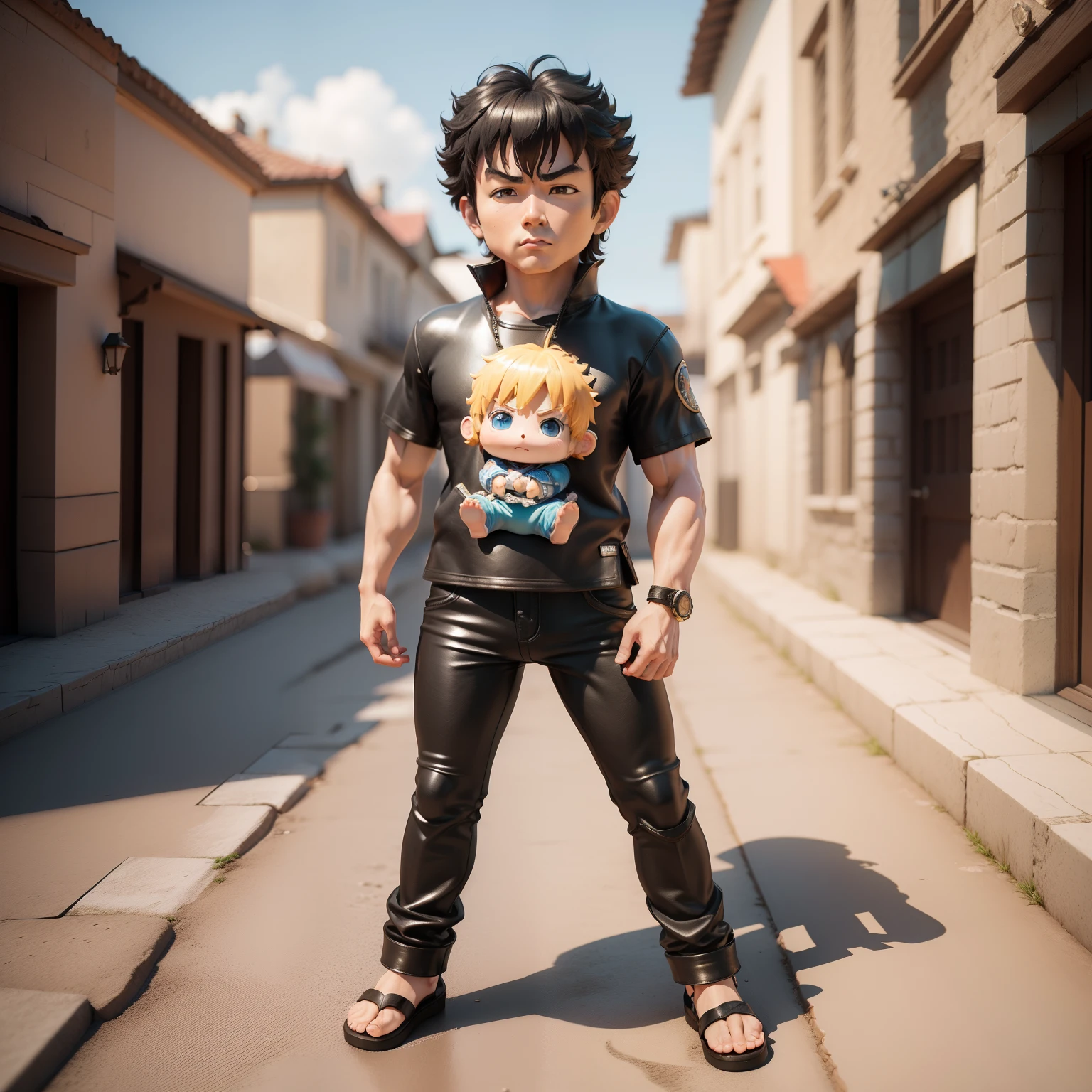 (Best Quality, masterpice:1.2), Ultra-detailed, Cute Baby Chibi Anime, (((chibi 3d))), Fist of the North Star, Kenshiro, Wearing an ancient Roman exomis, flipflops, Standing Pose, detailed facial features