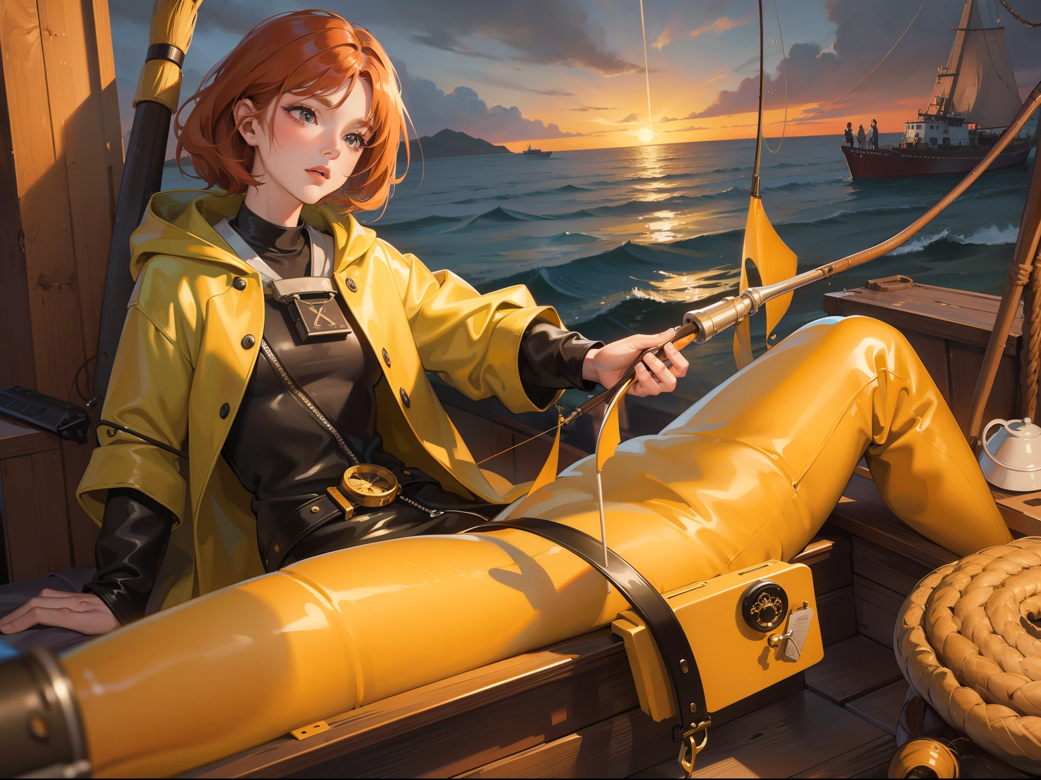 (masterpiece:1.2), best quality, photo of beautiful female fisherman, gingerhair, 40yo, wearing yellow raincoat, (on fishing boat:1.3), dark clouds, Photorealistic, Hyperrealistic, Hyperdetailed, analog style, hip cocked, demure, low cut, detailed skin, matte skin, soft lighting, subsurface scattering, realistic, heavy shadow, masterpiece, best quality, ultra realistic, 8k, golden ratio, Intricate, High Detail, film photography, soft focus