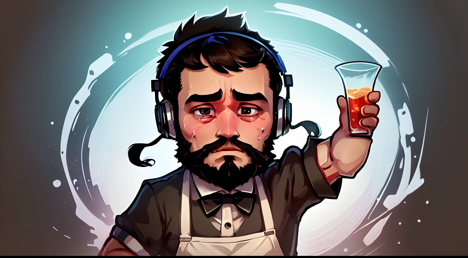 a stickers , man who is a bartender. black short hair and full beard using a gaming headset. He has a friendly face and wears a bartender's uniform,complete with apron and bow tie, represented with vibrant colors, crying a lot, big eyes and a welcoming appearance. chibbi anime style. White background
