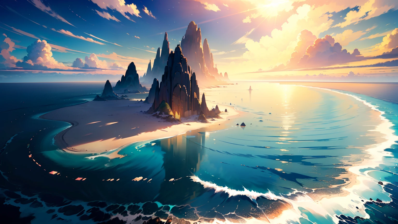 (extremely detailed CG unity 8k wallpaper, masterpiece, best quality, ultra-detailed),(best illumination, best shadow, an extremely delicate and beautiful), floating, high saturation, professional photoshoot, god rays, reflection, rule of third,
full view of an unpopulated (desert island), surrounded by vast ocean, endless expanse of blue sea surrounding, sunset, wide angle
