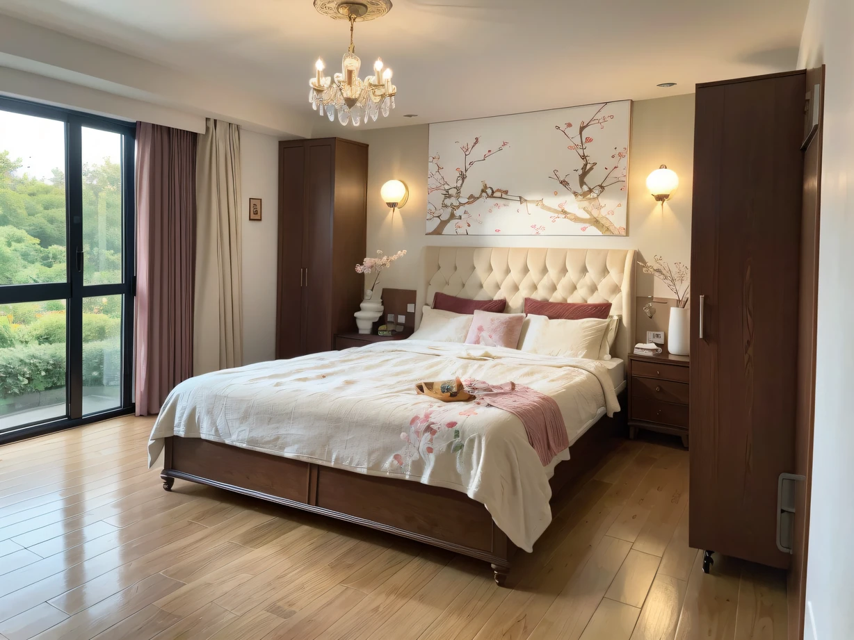 ，Masterpiece, Best quality，8K, 超高分辨率，Step into this bedroom，It's like traveling through a time tunnel，Come to the court of the 18th century。The walls are hung with ornate carved murals，Golden lights illuminate the entire space。At the head of the bed is a bed with embroidered drapery，The soft velvet quilt is embroidered with delicate floral motifs。In the center of the bedroom is an old piano，Outside the glass window came the enchanting nocturne。A soft aroma fills the air，It makes people feel peaceful and romantic。Through the window，You can see the plum blossoms blooming in the garden，The petals fell to the ground，It creates a picturesque scene。Day or night，This bedroom exudes classical romantic charm，Immerse yourself in a fantastic world。