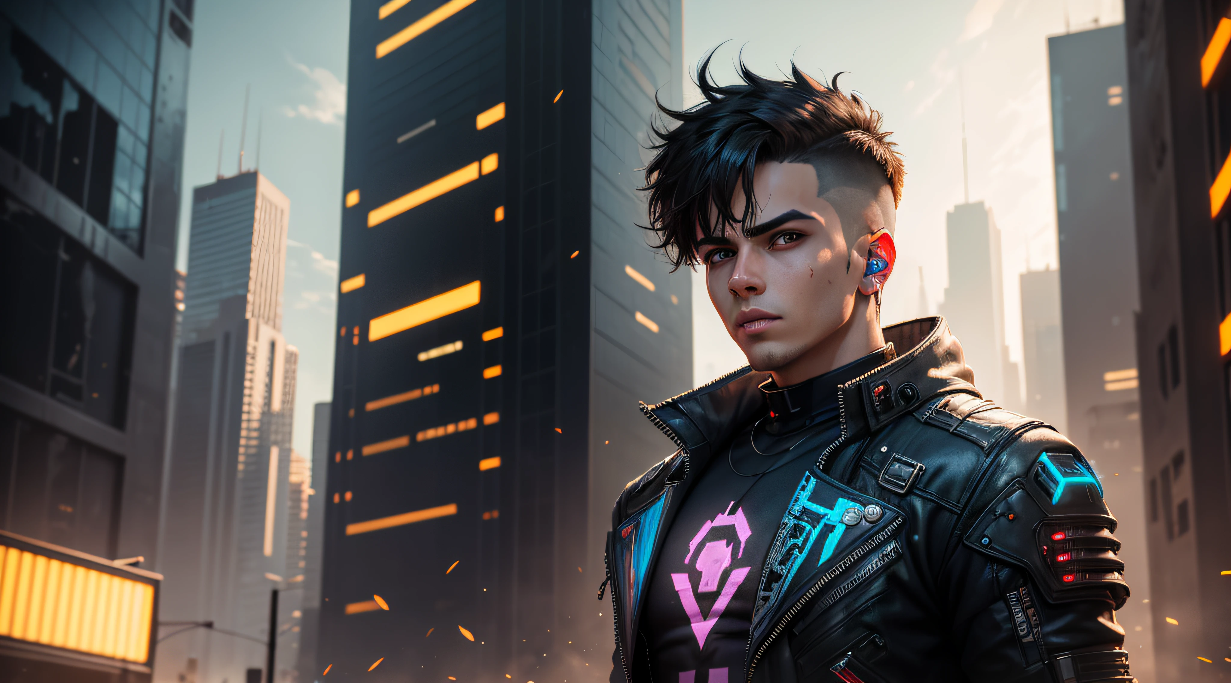 handsome boy in destroy,futuristic and cyberpunk city in realistic