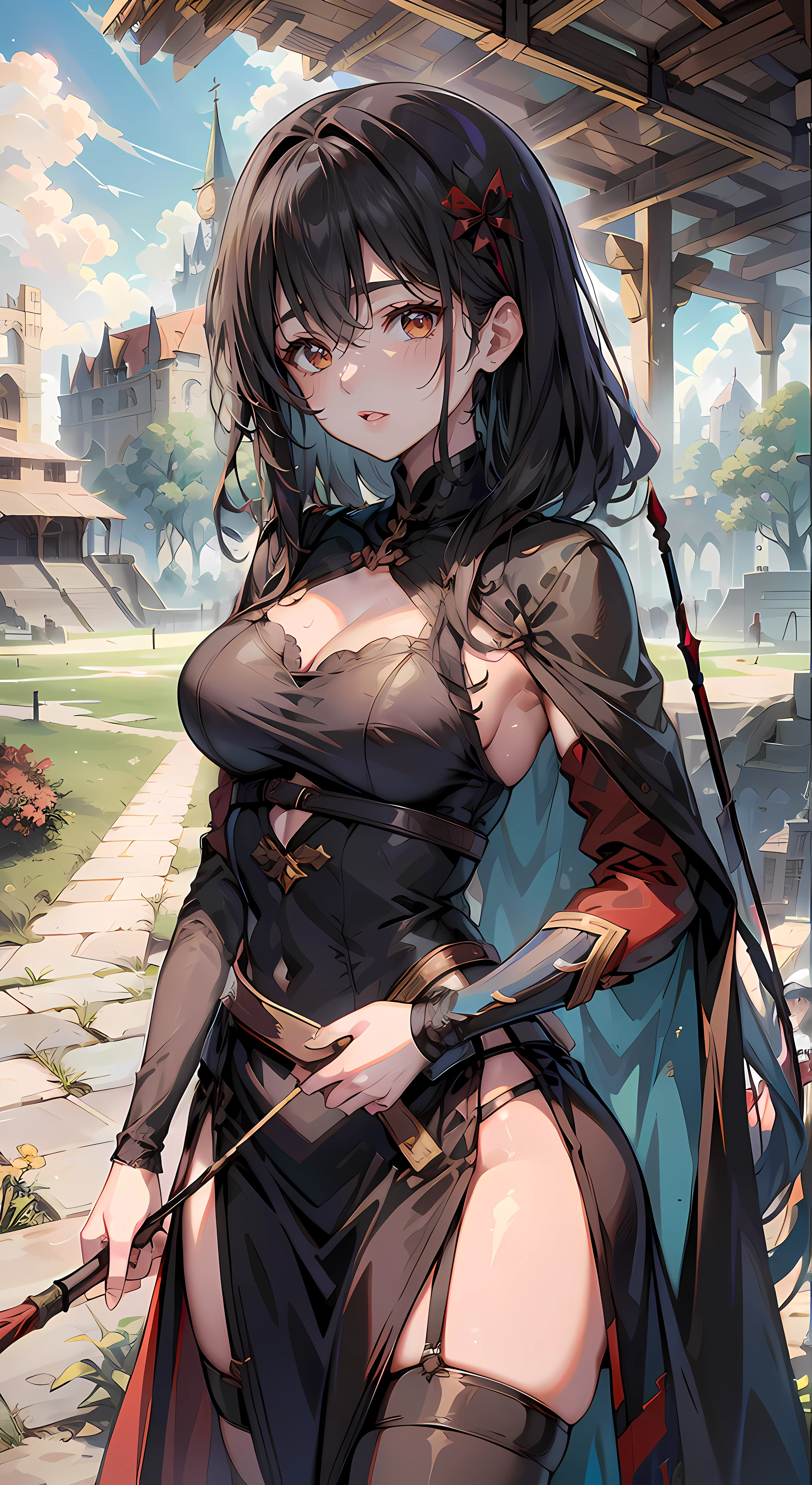 Lily Collins with black curly hair and red hood, Medieval clothes, Bow and arrow in hand, Enter the arena landscape filled with grandstands,The audience watching the illustrations is detailed, Smooth and bright, HD art