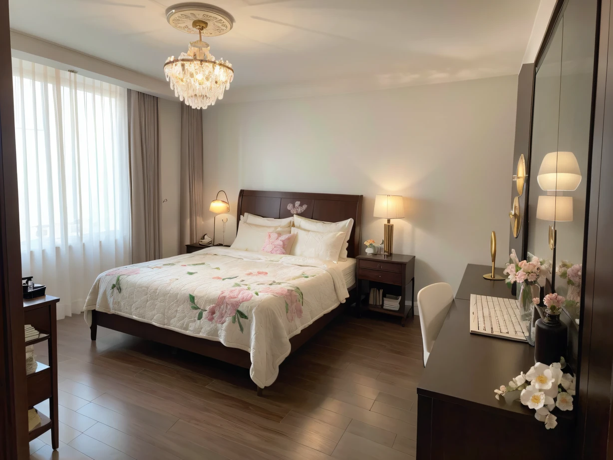 ，Masterpiece, Best quality，8K, 超高分辨率，Step into this bedroom，It's like traveling through a time tunnel，Come to the court of the 18th century。The walls are hung with ornate carved murals，Golden lights illuminate the entire space。At the head of the bed is a bed with embroidered drapery，The soft velvet quilt is embroidered with delicate floral motifs。In the center of the bedroom is an old piano，Outside the glass window came the enchanting nocturne。A soft aroma fills the air，It makes people feel peaceful and romantic。Through the window，You can see the plum blossoms blooming in the garden，The petals fell to the ground，It creates a picturesque scene。Day or night，This bedroom exudes classical romantic charm，Immerse yourself in a fantastic world。