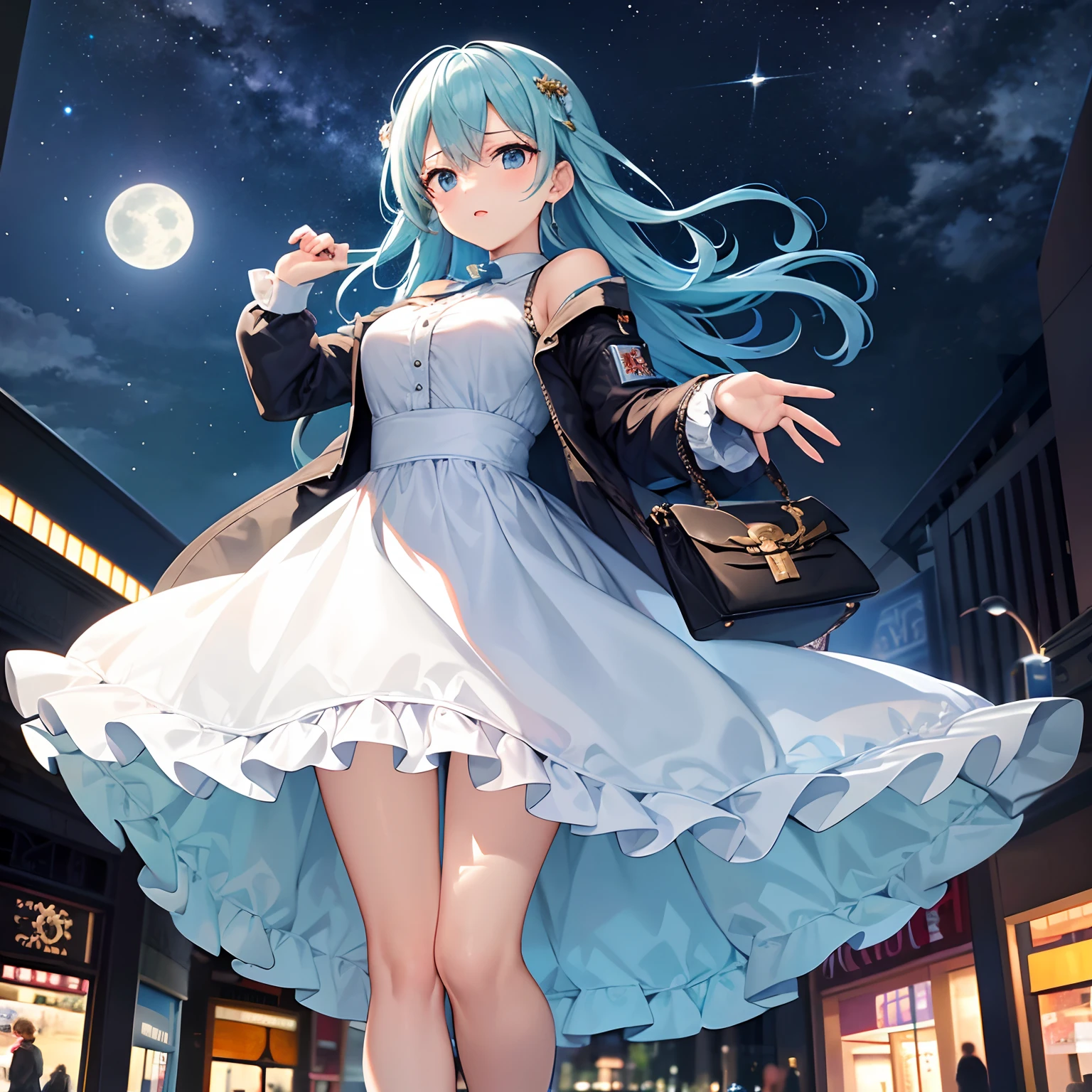 {{{{{masutepiece,Best Quality,ultra-detailliert}}}}},Beautiful woman in flight jacket and ruffled light blue georgette dress、Stand at the mall with a Hermes Kelly bag. She wears knee-high socks and、、、、The night sky is shining with the moon and stars. Images must be of the highest quality、Must be a masterpiece.