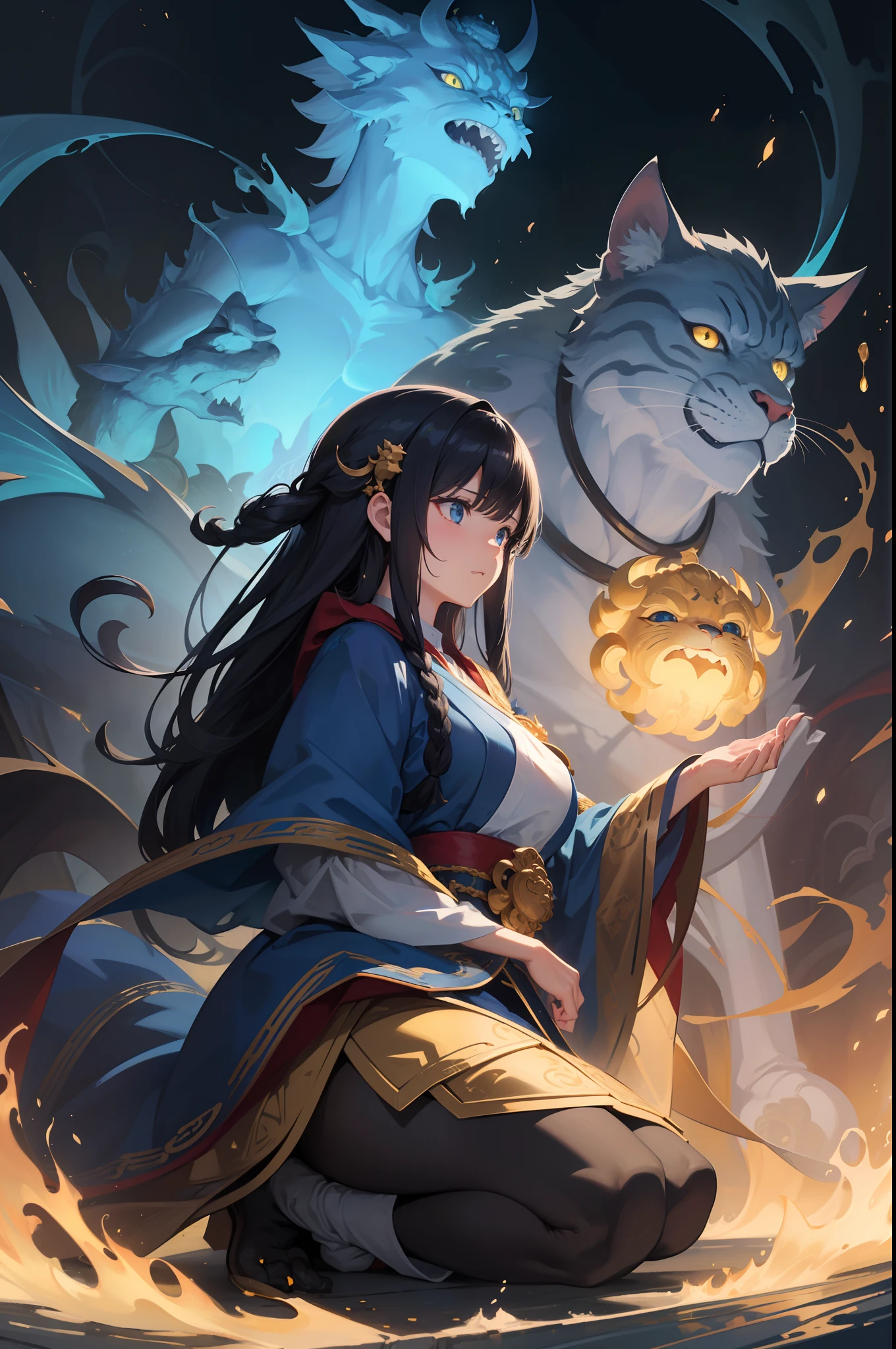 Create exquisite illustrations reminiscent of Makoto Shinkai's style, Characterized by ultra-fine details and first-class quality、Create an illustration in which four creatures appear in front of the priestess, Looking down at her.
Blue Ghost (Blue Ghost): Draw a terrifying blue devil, Face like a mask, Looking down at the priestess menacingly.
Golden Komainu Monster (Golden Komainu): Place the Komainu Monster, Engulfed in golden flames, Right of the Blue Demon. I open my mouth a little and explain, As if mocking the priestess.
Catfish-like creatures (Catfish-like monsters): Place creatures similar to Ikutsu, By hand, It is located low on the left side of the Komainu. Its color must be gray. You should be looking at the priestess with curiosity or worry.
Cat (Cats): Drawing a cat under a catfish-like creature, Silently staring at the priestess.
