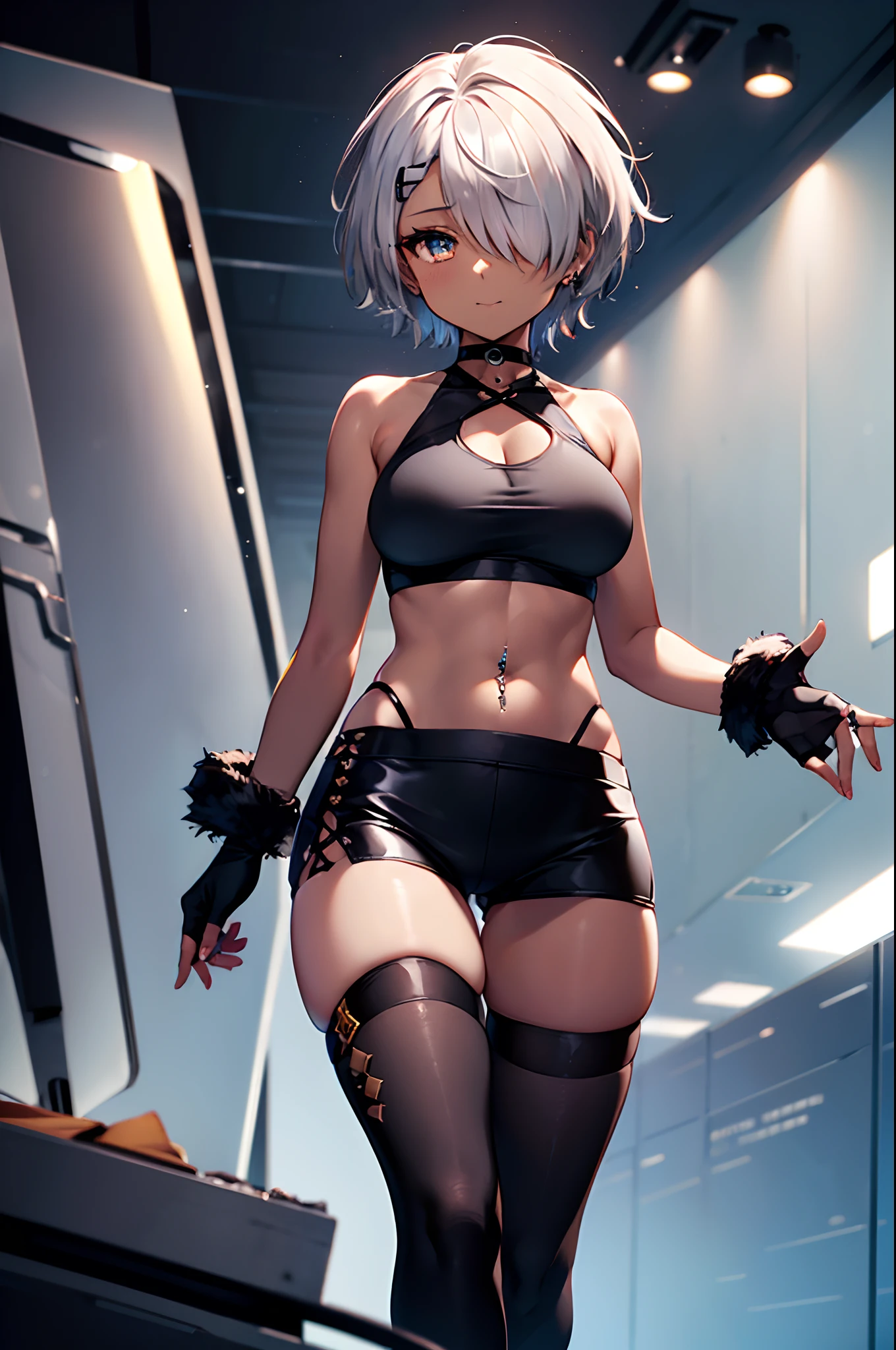 Transcendently Beautiful Girl, (masterpiece face, masterpiece eyes:1.1), BREAK, (Dark skin:1.7), (very short hair, hair over one eye:1.3), (grey hair, short shaved sides, very short back, very short side, under cut, side cut:1.3), BREAK, Flat_Chest, Huge_breasts, wide_lower back, smirk, bare shoulder, midriff, zettai_ryouiki, navel piercing, choker, tank_top, low rise short tights, (black fingerless_gloves, knee_boots), skindentation, crop_top, thigh_gap, black Clothes, BREAK, (Five Fingers, 4fingers and 1thumb), (Bare arms, Bare shoulders:1.3), professional lighting, best quality, masterpiece, ultra detailed, captures a super cute moment, depth of field, ultra high resolution, fine details, 16k wallpaper,