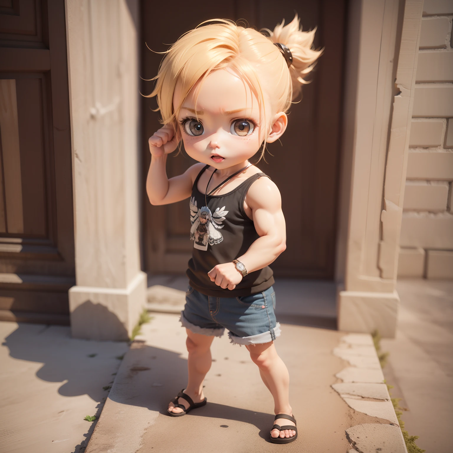 Best Quality, masterpice:1.2), Ultra-detailed, Cute Baby Chibi Anime, (((Chibi 3D))), Fist of the North Star, Chibi Kenshiro, Wearing an ancient Roman exois, flipflops, Standing Pose, detailed facial features