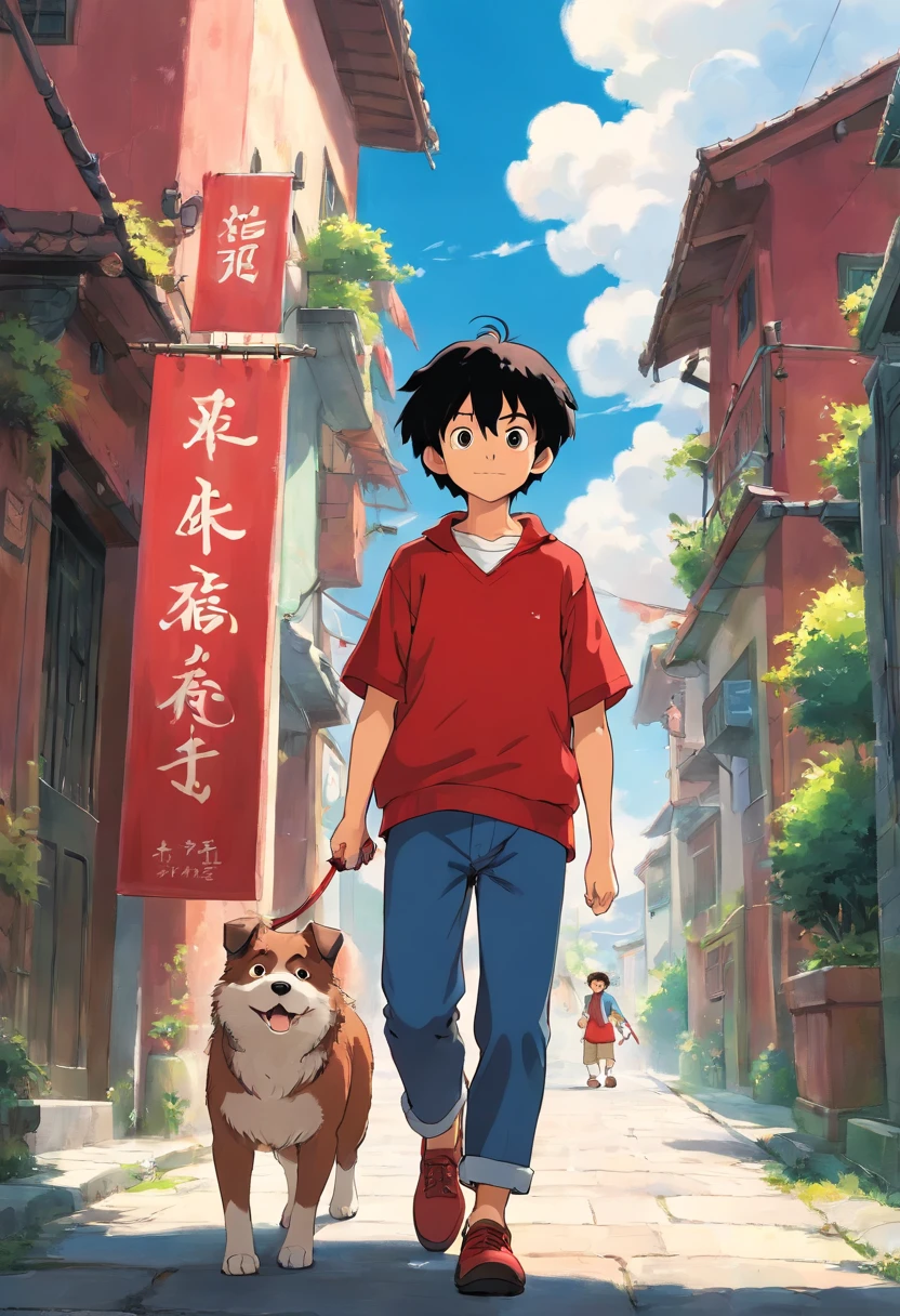 The streets under the blue sky and white clouds，A boy with black hair and red clothes leads a dog