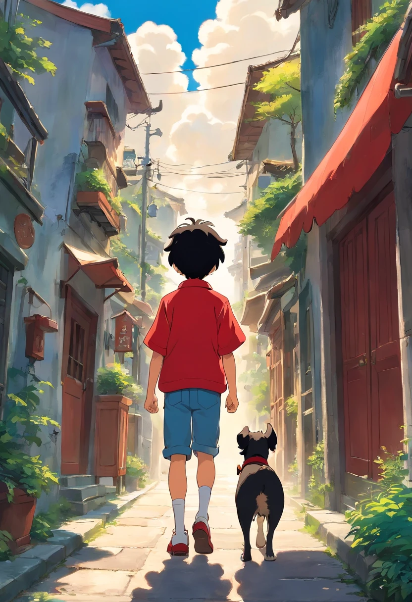 The streets under the blue sky and white clouds,A boy with black hair and red clothes leads a dog