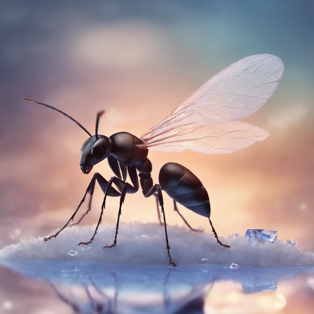 an ant standing on a piece of crystal snowflake floating in the air