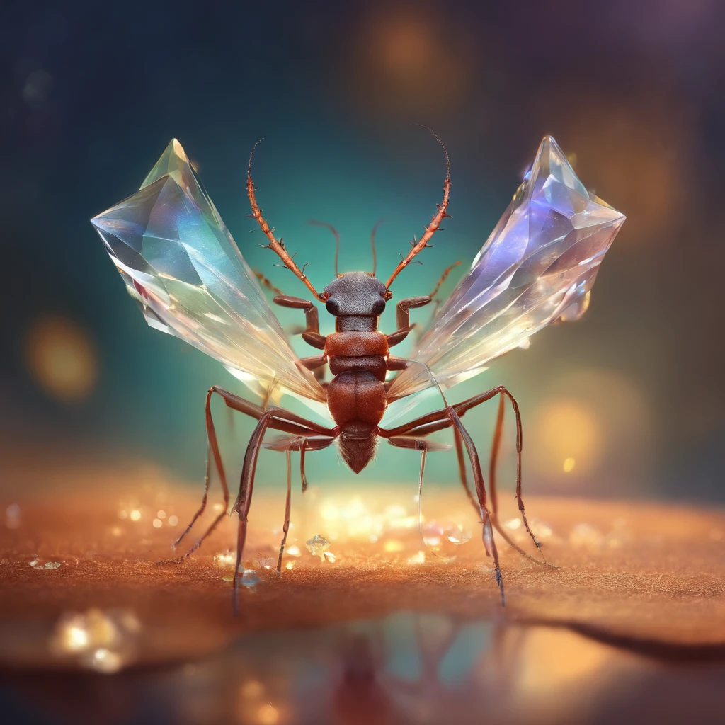 an ant standing on a piece of crystal snowflake floating in the air