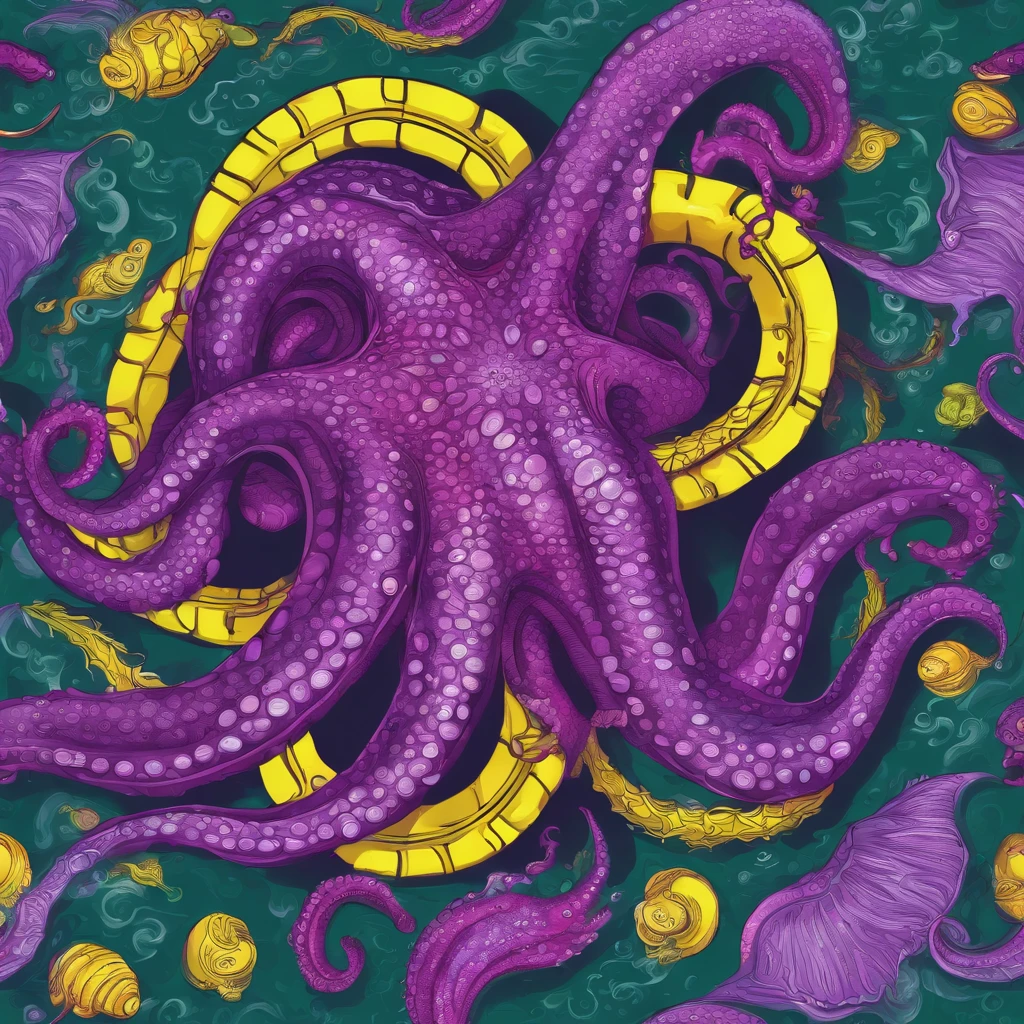 Kraken, red-purple tentacles with yellow stripes, huge purple curved demonic horns with glowing green runes, glowing green eyes, purple spikes, dark fuchsia fur, masterpiece, best quality