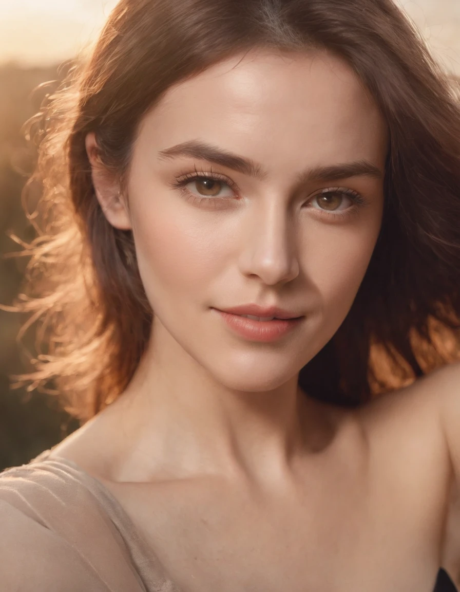 1 woman ((upper body selfie, happy)), masterpiece, best quality, ultra-detailed, solo, outdoors,shadows, contrast, clear sky, analog style (look at viewer:1.2) (skin texture) (film grain:1.3), (warm hue, warm tone:1.2), close up, cinematic light, sidelighting, ultra high res, best shadow, RAW, upper body, wearing pullover