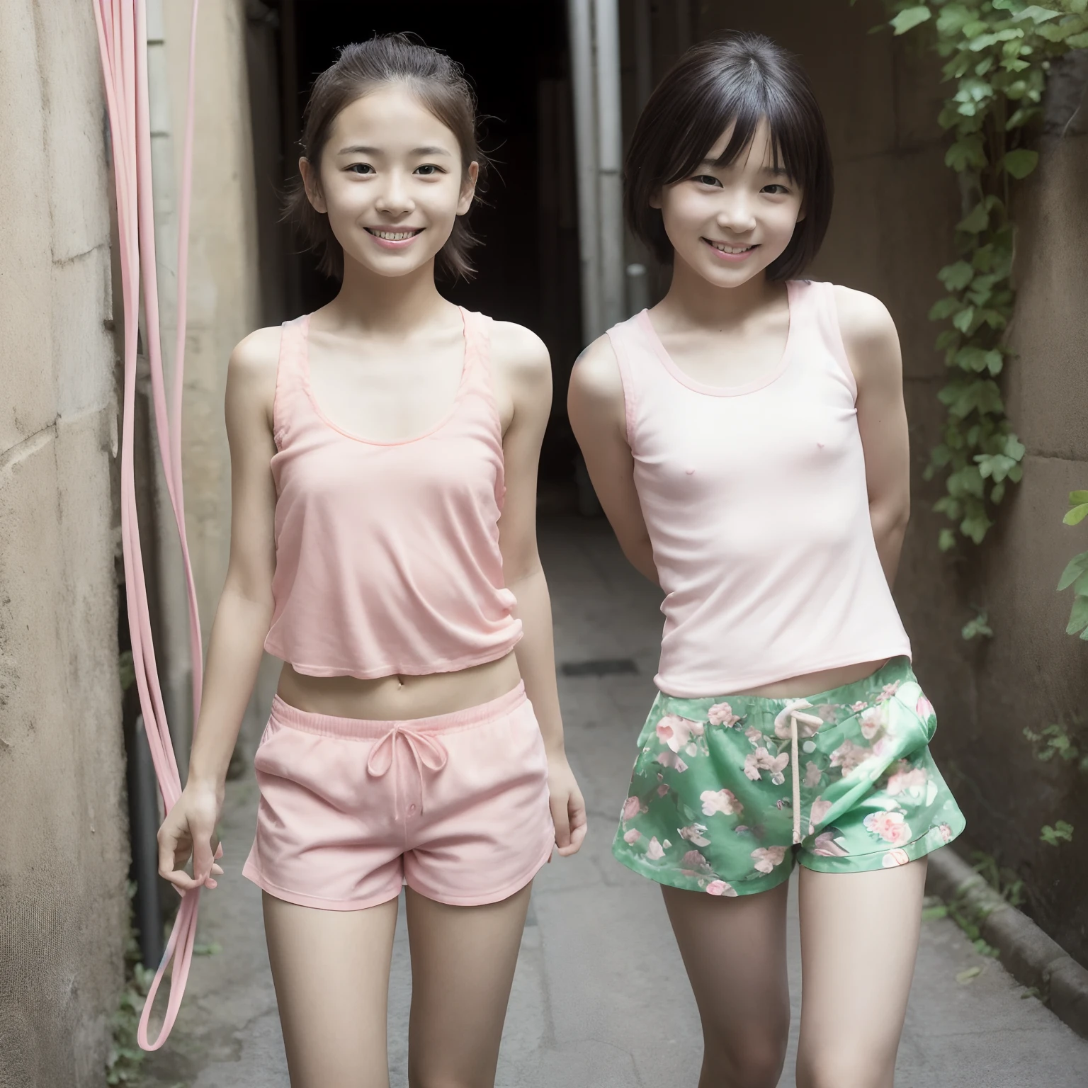 (Best Quality),(masutepiece:1.1), (Beautiful  Japan kids girl),at-chest),
(Chiseled face:0.7), (hitornfreckles:0.6), Cute lips, 
natural soft light,
Provocative ,Smile,
(flat bangs:0.6), 
(Pink tank top), (Green Floral Shorts),
(In the back alley), (skipping rope),