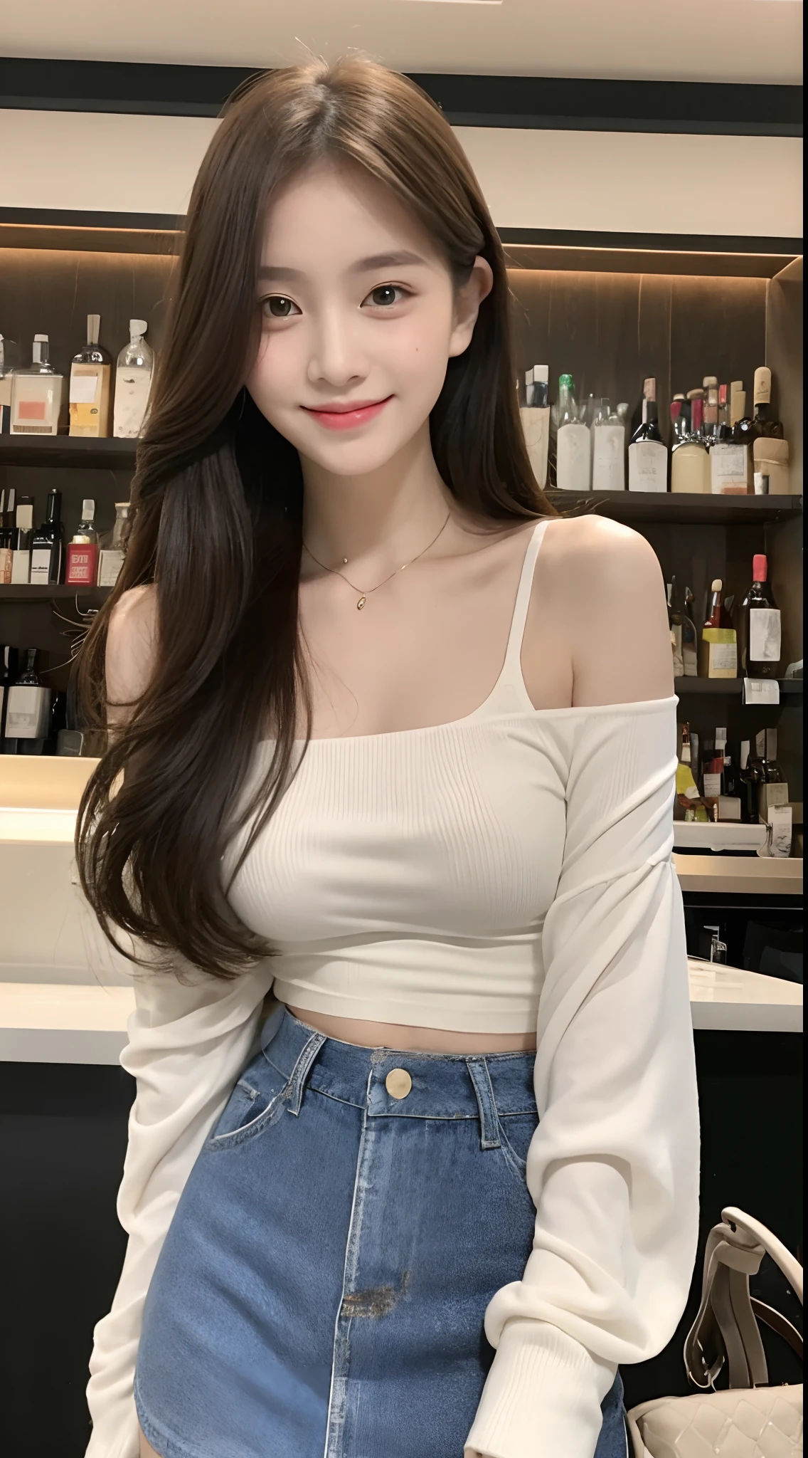 Inside the chocolate shop,Cake shop,Colorful cakes are lined up in the show window,valentine's day,Glittering interior,V-neck sweater,(denim skirt),hair clip,knee high socks,lace up boots,medium shot,1 girl,whole body,Are standing,ultra-realistic capture, very detailed, 人間の皮膚のHigh resolution 16K クローズアップ. Skin texture must be natural, So much detail that you can see even your pores. skin needs to look healthy, with an even tone. Use natural light and color,medium breasts,(highest quality,4K,8K,High resolution,table top:1.2),super detailed,silver hair,smile