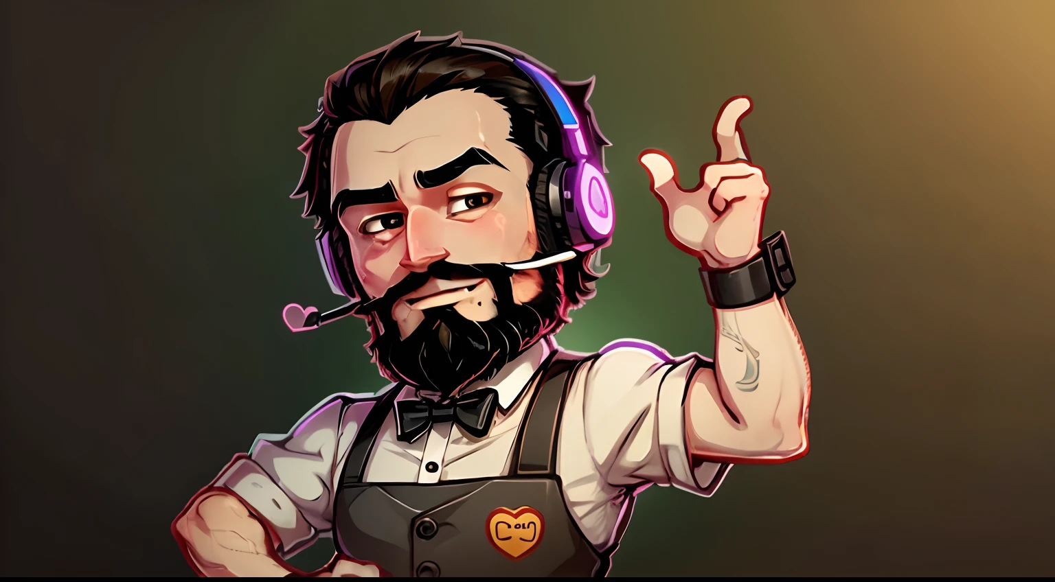 a stickers ,  man  who is a bartender. black short hair and full beard  using a gaming headset. He has a friendly face and wears a bartender's uniform,complete with apron and bow tie, represented with vibrant colors, Making a heart gesture with your hands,happy, big eyes and a welcoming appearance. chibbi anime style. White background