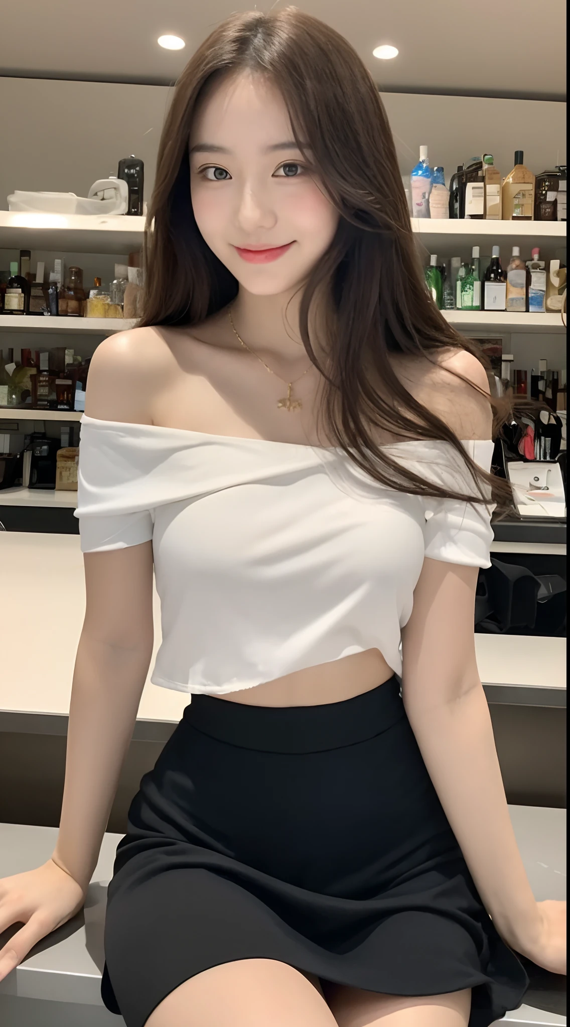 A girl of about 30 years old，Simple，extremely beautiful and exquisite，(Light makeup)，black hair，sweet smile，Delicate, beautiful and fair skin，Realistic and realistic，Exquisite and complete facial features，Detailed depiction of face，high nose bridge，red lips，beautiful, 温柔beautiful女孩，smooth hair，extremely delicate hair，Femininity，Brighten your face，Surreal，lifelike，8K quality，Extremely detailed，realistic details，masterpiece，Realistic to the extreme，big breast body，beautiful，pure，stunning beauty，Unparalleled beauty，Highest image quality，8K resolution，welcome，Smile，Exquisite facial features，hair past shoulders，a brown haired one，The legs are long and thick，(((high waist french top)))，(((short skirt)))，Sunlight，face camera，The body is well-proportioned、strong，gentle eyes，Showing thighs，standing posture，Stand inside the mall，Full body image