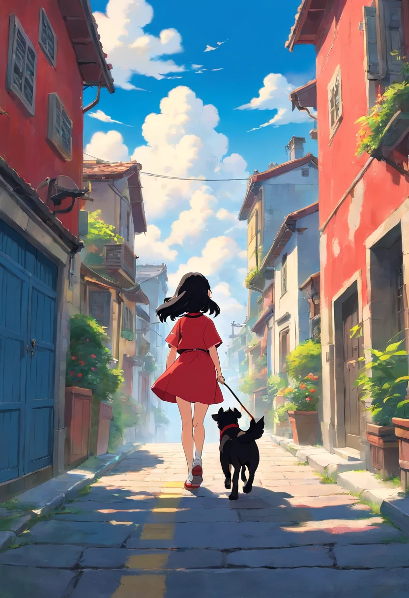 The streets under the blue sky and white clouds,A girl with black hair and red clothes leads a dog on the street under blue sky and white clouds,A girl with black hair and red clothes leads a dog