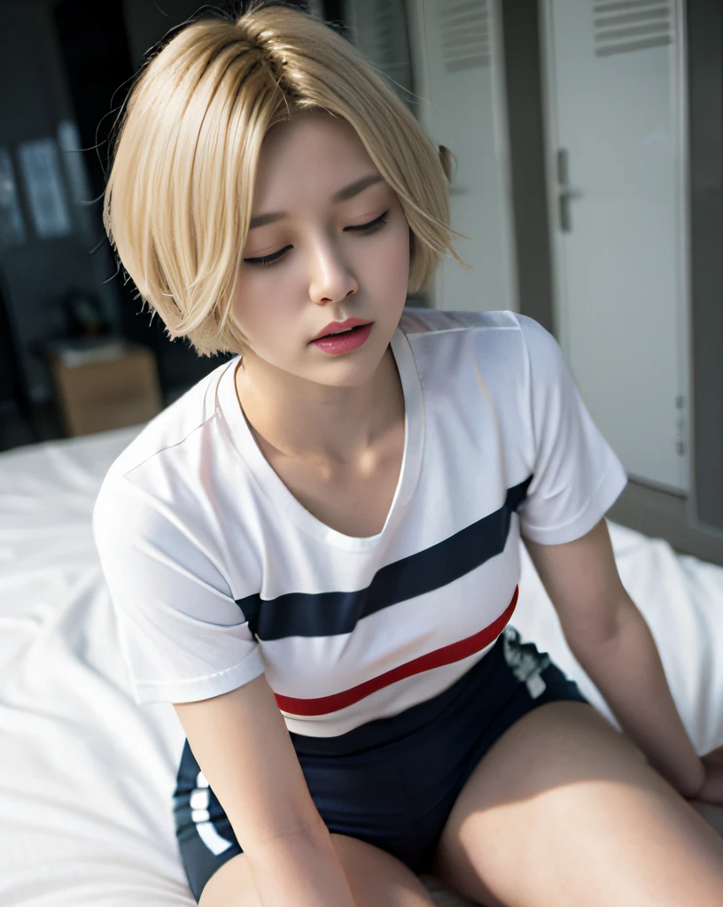 zydG, ((lying)), pussy focus, 1girls, fetal position, closed eyes, (blonde very short hair:1.2), (light hair), (medium breasts:1.4), (photorealestic:1.4), (Top image quality:1.0), (UltraHighResolution:1.0), 8K, Raw photography, (A masterpice:0.2), track and field uniforms, ((t-shirt)), (sweat, wetty:1.1), portlate, ful body,(pureerosface_v1:0.5), locker room, ((on bed))
