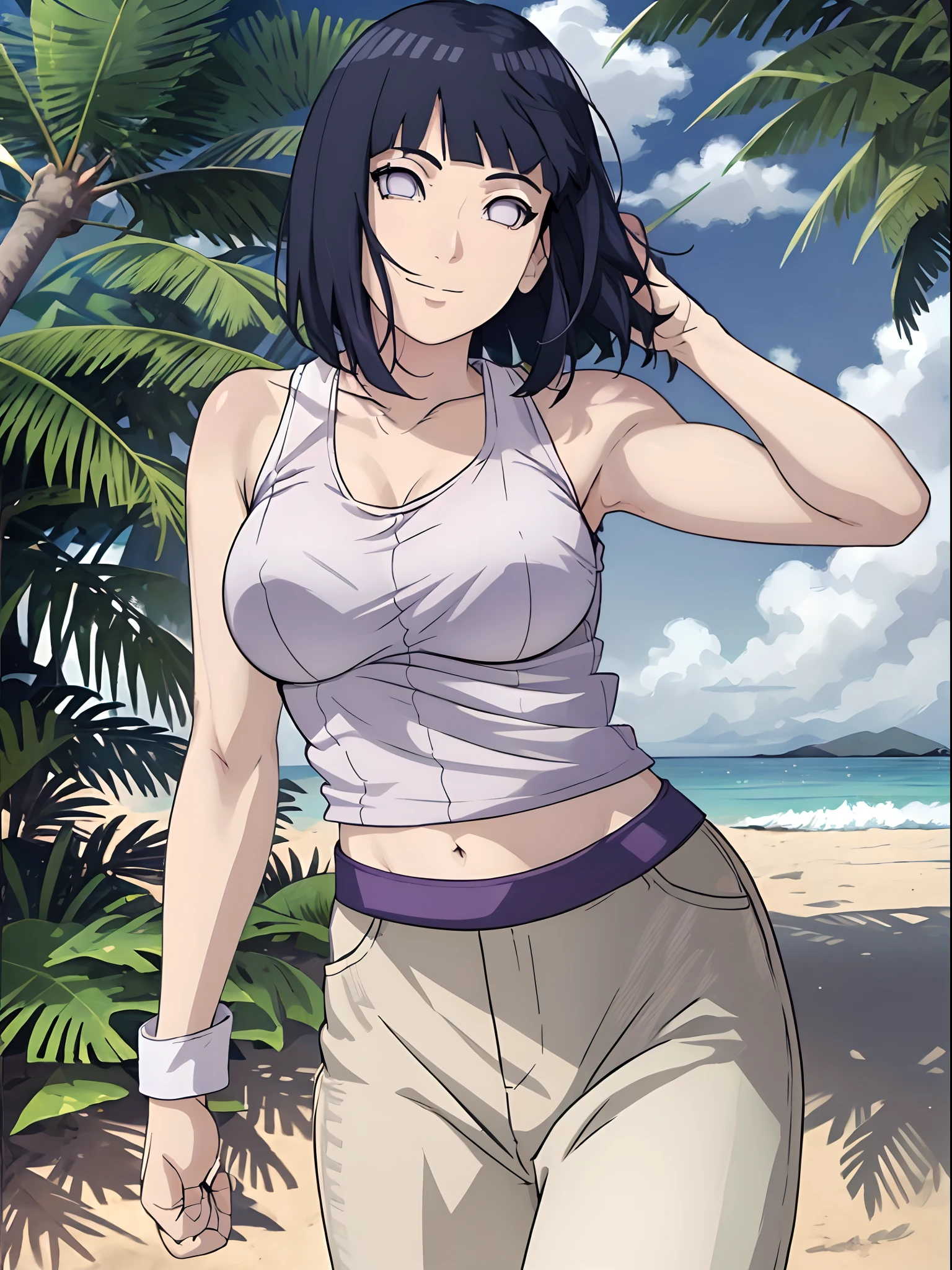 (WALLPAPER,  (hinata\(boruto\), white pants, masterpiece, 4k, vector coloring, whole body shot, (high color saturation), contrast lighting, mature female, (curvy:0.8), solo, anime style, sharp focus, professional artwork, intricate details, colorful, vibrant colors, vivid colors, digital blending, ultra detailed body, ultra detail hair, ultra detail face, trending on pixiv, very hot colors, (((beach background, outdoors))), detailed bold arm lines, high color saturation, bold lines, bold drawing lines),
(((running)), (head tilt), closed mouth, kind smile, extremely happy),
((dark blue hair color:1.1), wavy hair, ((short hair, hime cut)),
(perfect eyes, white sciera, bright eyes, white eyes, anime eyes, smoky eyeliner, eyeshadow)
(white skin, (fair skin), slender body, milf, perfect face),
(legs, big breasts, off-shoulders, (detailed shoulders, biceps lines)), 
(bare shoulders, bare legs, (closed fists), 
(((white tank top))))
