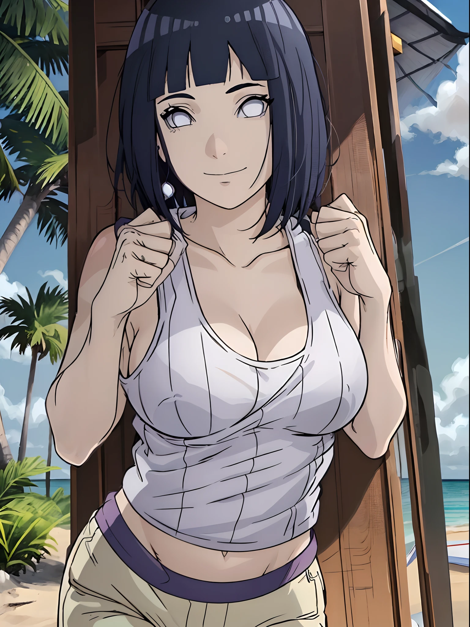 crossed arms, cloud background, anime style, cute , beautiful mother, nice body, soft body, long belly, (hinata\(boruto\), (female wrestler), (slender body), mature woman , broad shoulders, off-shoulders, (shiny bikini, white bikini only,  pro wrestling outfit, armband, bangles), smile, closed mouth, pale skin, cute, smile, (dark blue hair color:1.1), wavy hair, floating hair, ((short hair, hime cut, loose hair), big breasts, (only one arm stretching), long belly, (closed fists), , (perfect eyes, white sciera, bright eyes, white eyes, anime eyes)